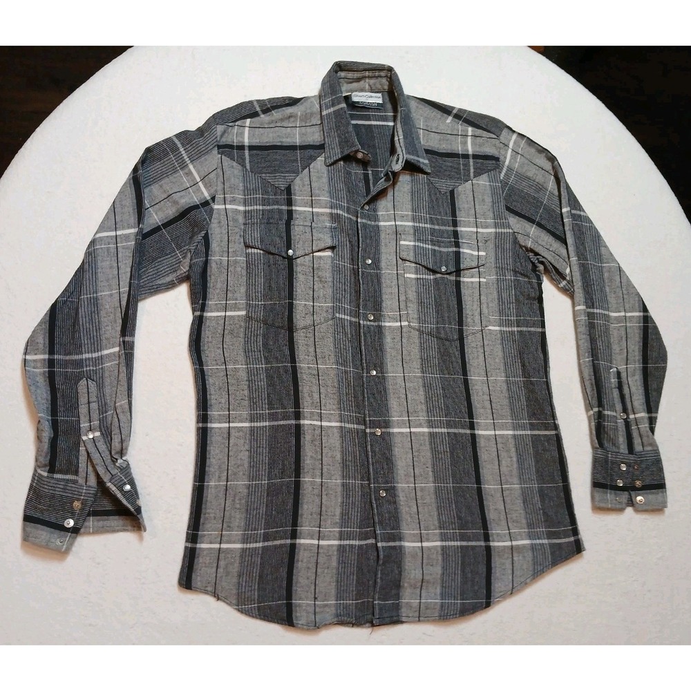 VTG 70s 80s Karman Silver Collection Pearl Snap Western Shirt Mens L Plaid USA